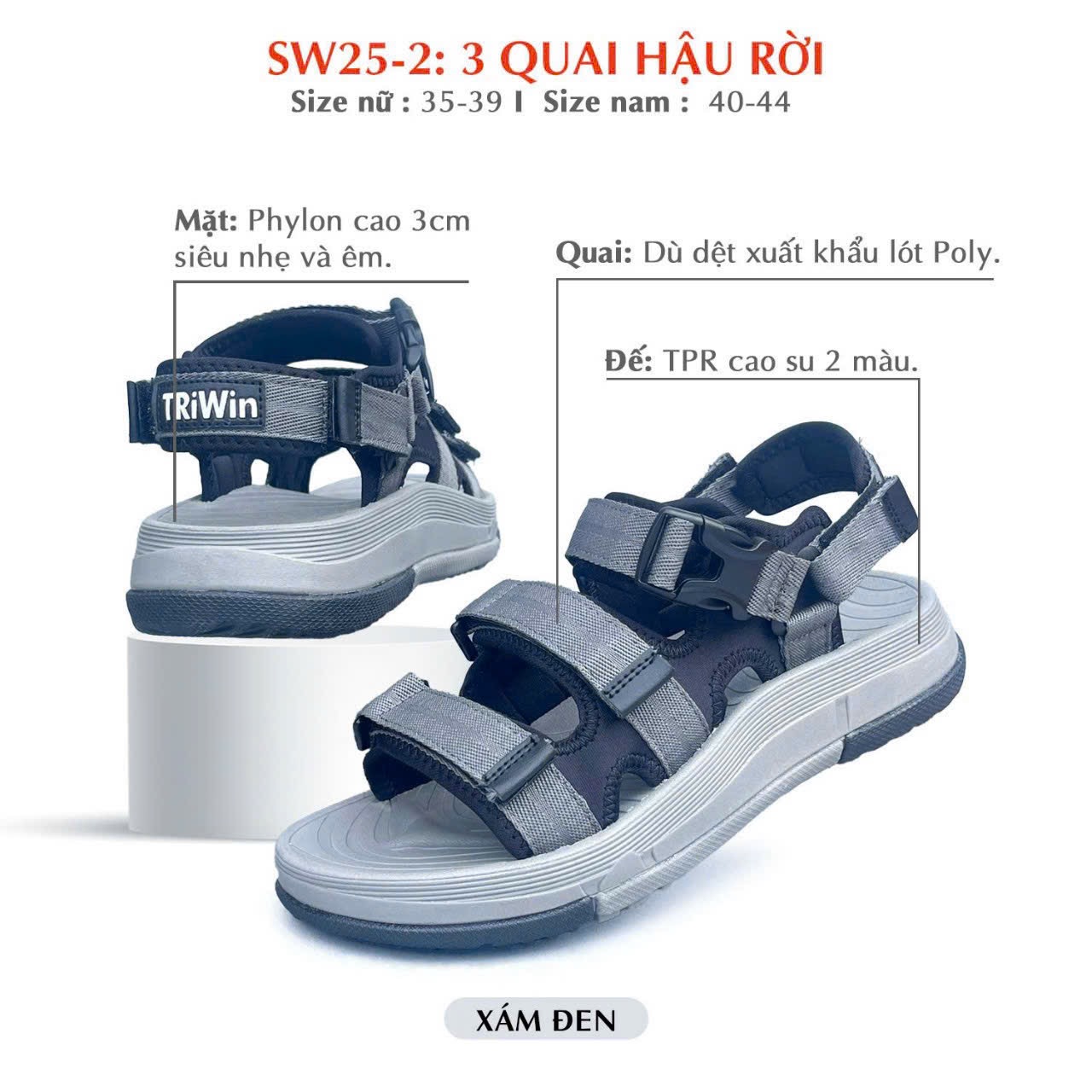 Sandal triwin Đế cao su 2 màu chống trơn trượt mặt phylon cao cấp nam nữ - Ảnh 3