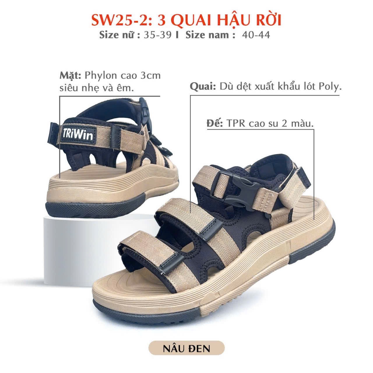 Sandal triwin Đế cao su 2 màu chống trơn trượt mặt phylon cao cấp nam nữ - Ảnh 4